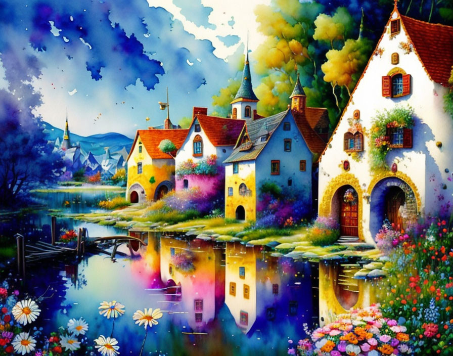 Colorful Painting of Whimsical Village with Reflective River