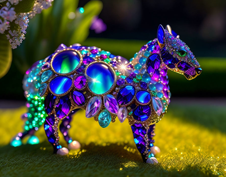 Colorful llama figurine adorned with blue and purple gems in a lush garden setting