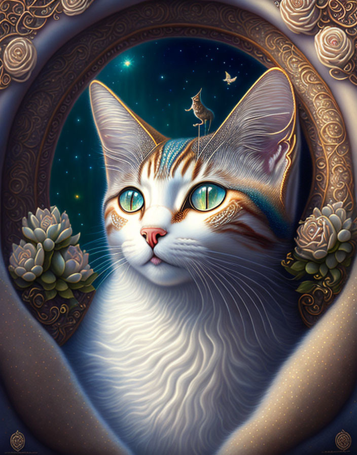 Whimsical cat illustration with celestial and floral motifs