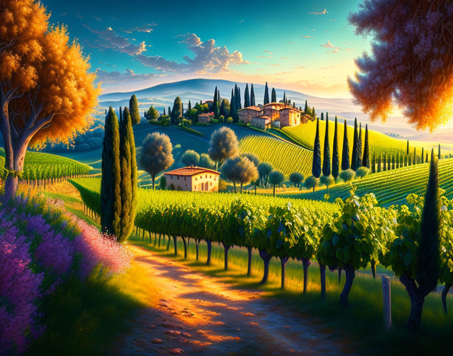 Scenic Tuscan landscape: rolling hills, vineyards, cypress trees, villas, vibrant
