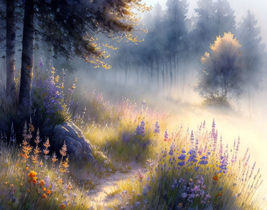 Sunlit Misty Forest with Wildflowers and Dreamy Atmosphere