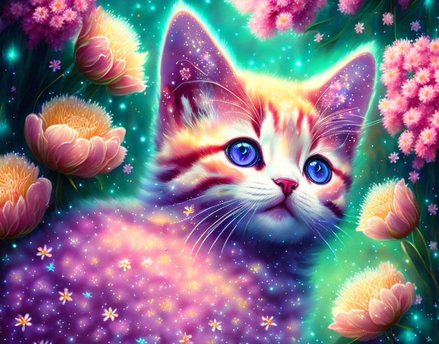 Colorful Kitten in Magical Floral Cosmos with Blue Eyes