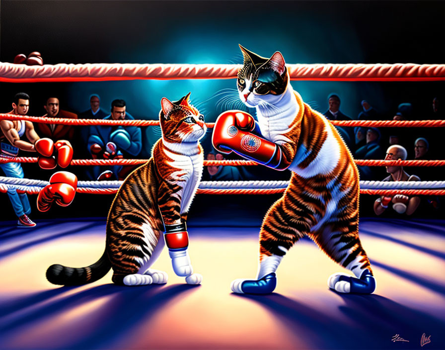 Animated cats in boxing ring with human audience