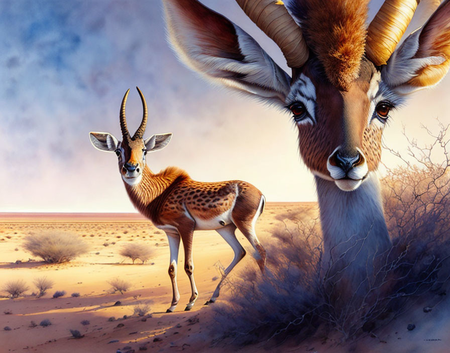 Two gazelles in desert scenery, one gazelle in foreground looking at viewer.