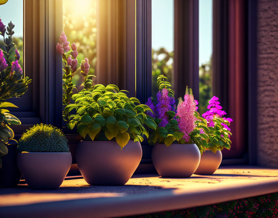 Blooming flowers and leaves on sunlit windowsill