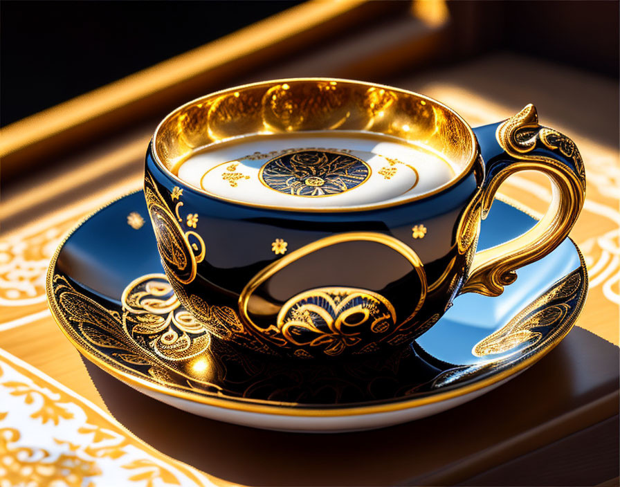 Golden and black porcelain tea cup and saucer in sunlight on wooden surface