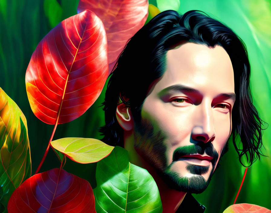Man with Shoulder-Length Hair in Vibrant Leafy Background
