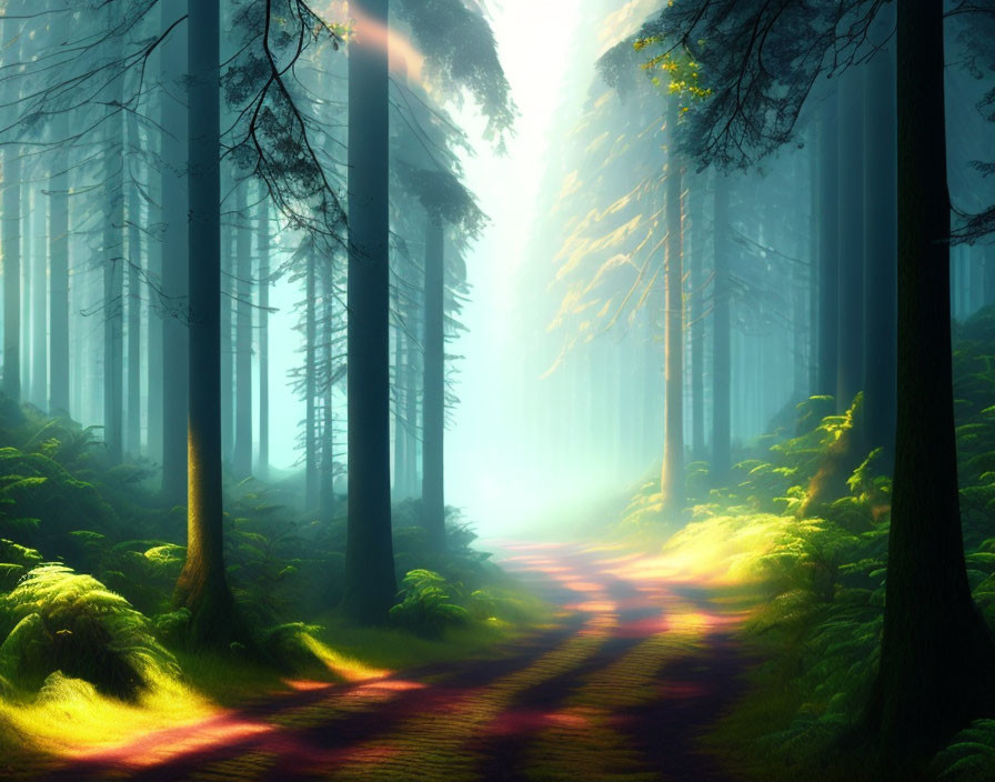 Sunlit Forest Path with Streaming Ethereal Rays and Moss-Covered Ground