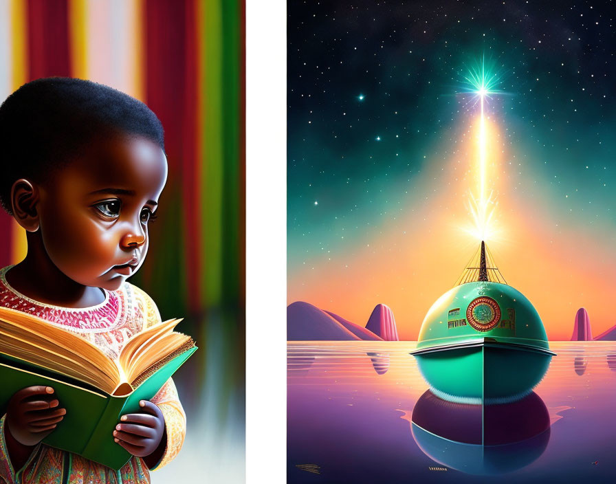 Child Reading Book Surrounded by Colorful Futuristic Scene