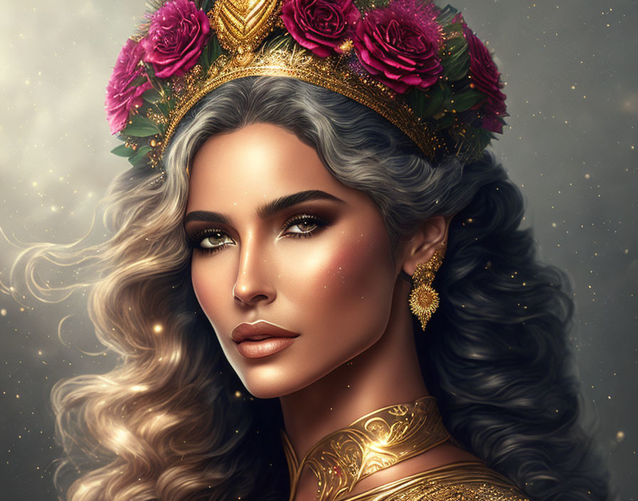 Illustrated portrait of a woman with wavy hair, golden crown, roses, earrings, and gold