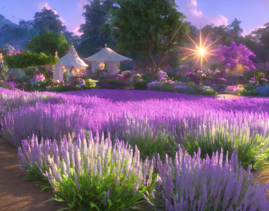 Tranquil Sunset Garden with Lavender Fields and White Tents