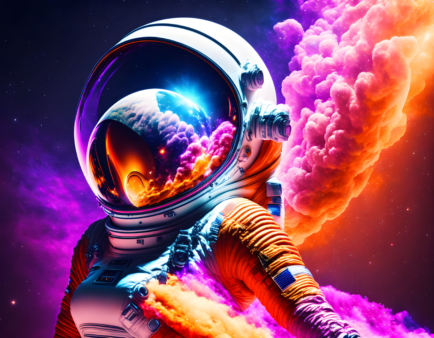 Astronaut in reflective helmet visor in cosmic nebulae