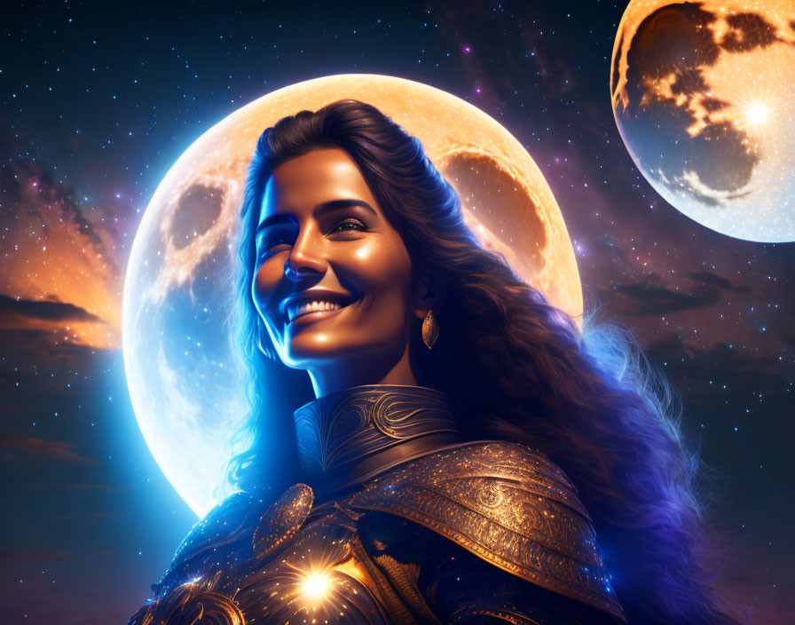 Smiling woman in ornate armor with cosmic backdrop