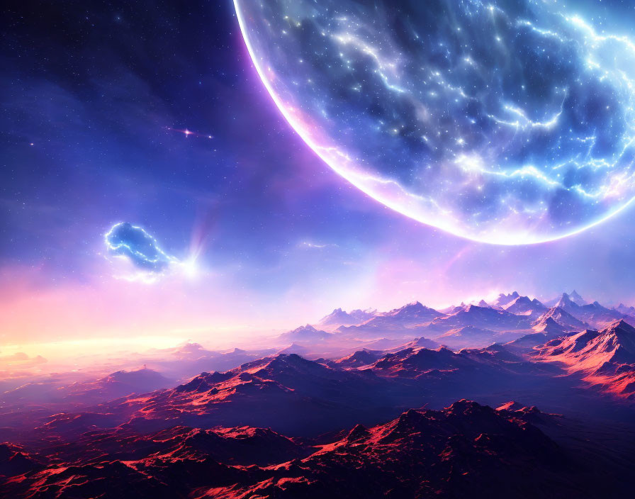 Majestic mountain landscape with celestial body and cosmic event