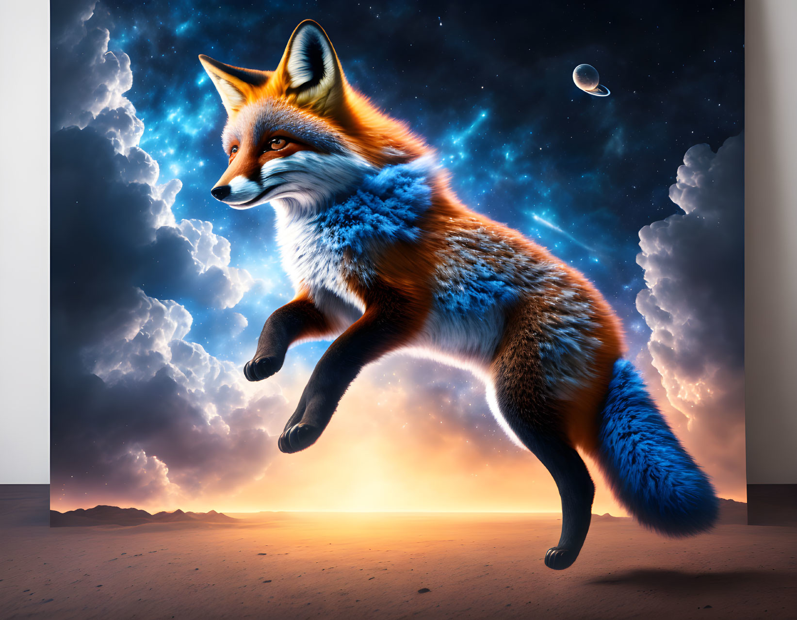 Oversized fox with vibrant fur in surreal desert landscape
