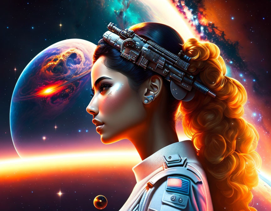 Futuristic female figure with cybernetic headpiece in space scene