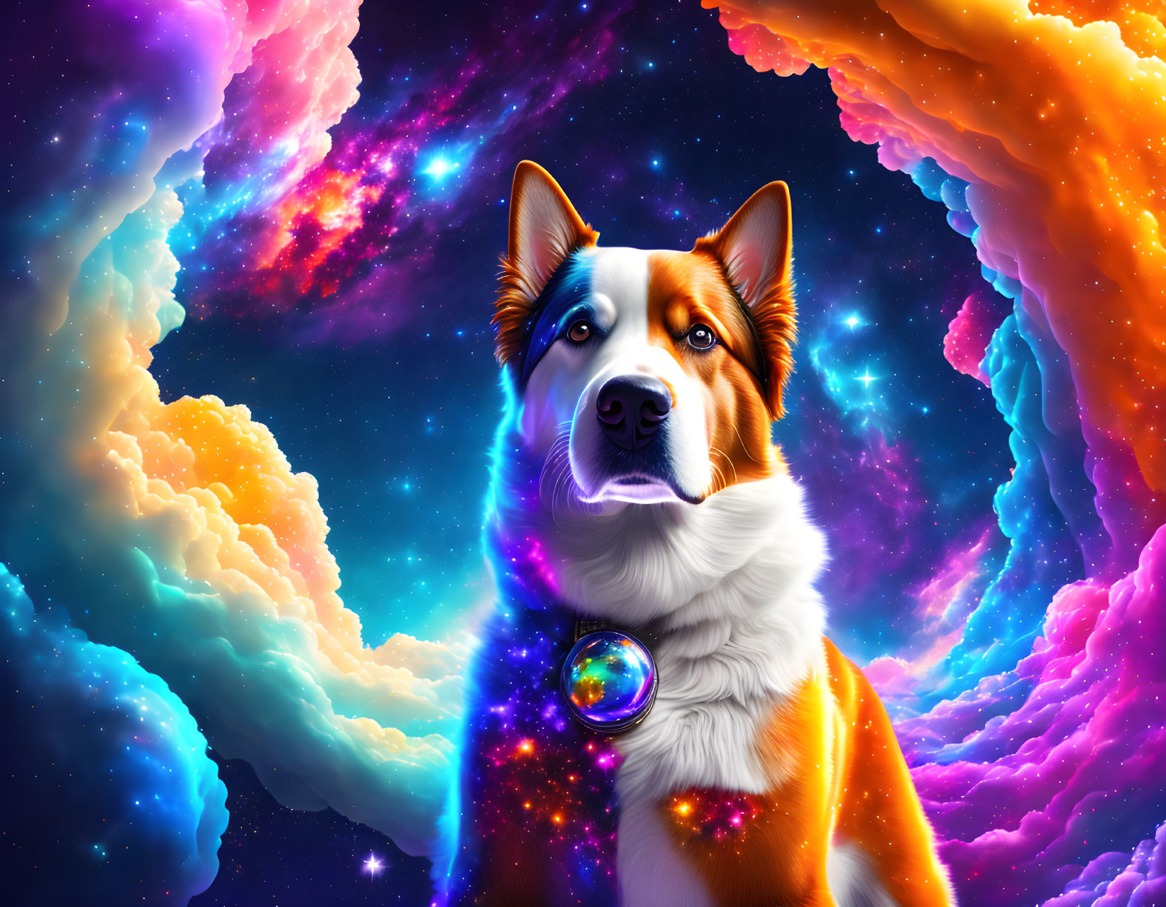 Vibrant Digital Artwork: Dog with Blue Eyes in Cosmic Setting