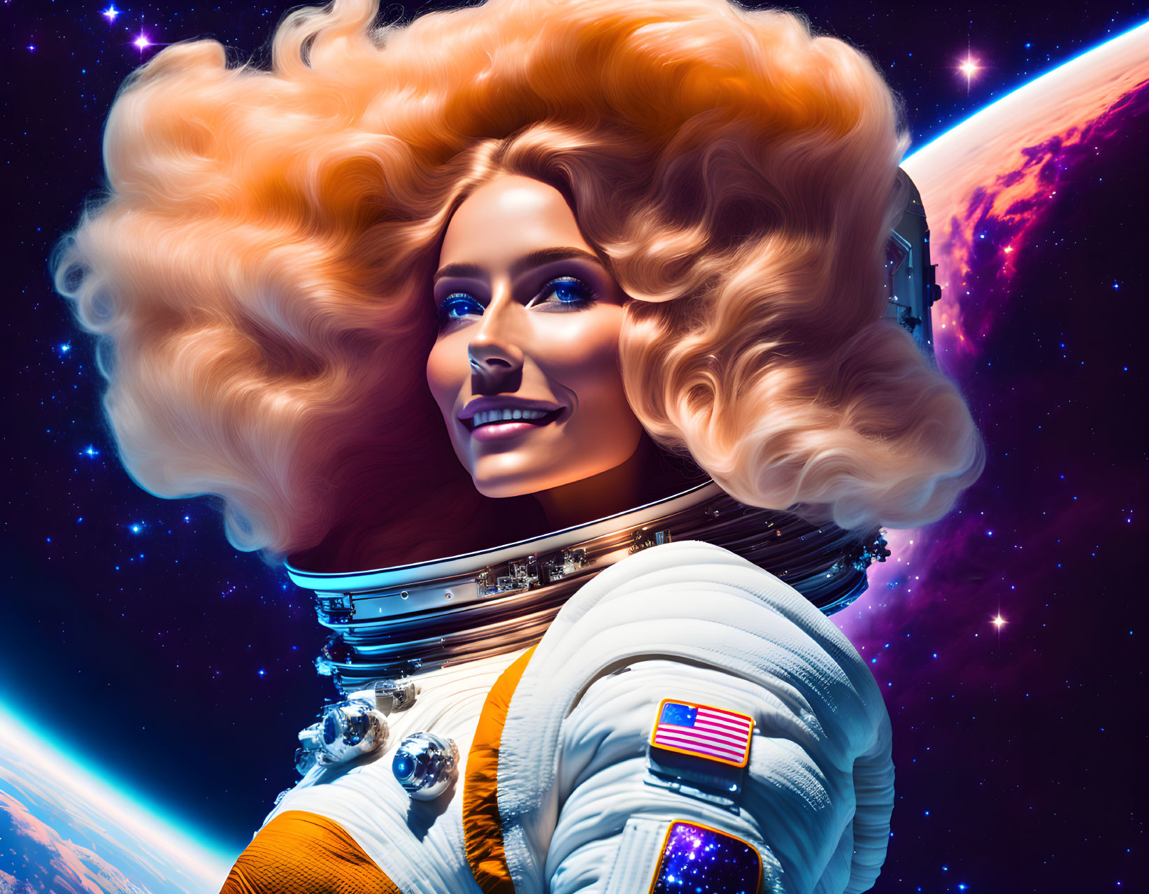 Colorful Astronaut with Orange Hair in Cosmic Scene