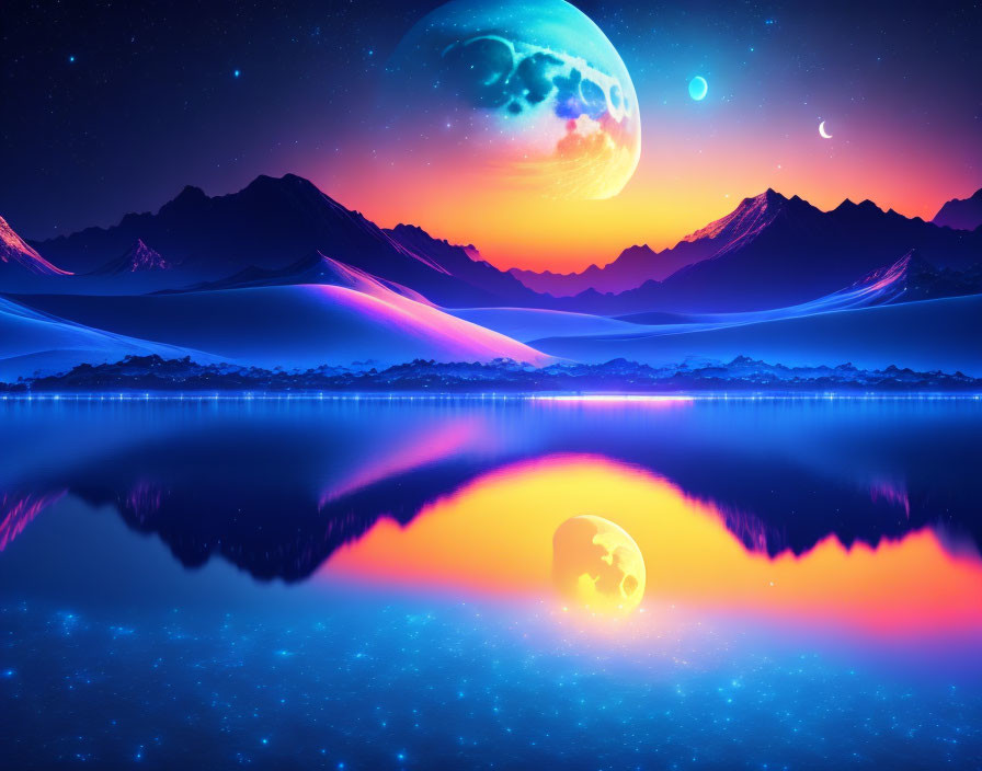 Fantasy landscape digital artwork: mountains, lake, colorful sky, planets.