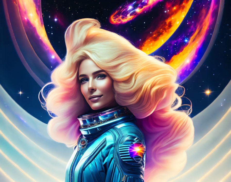 Blonde woman in futuristic sci-fi suit amidst cosmic background