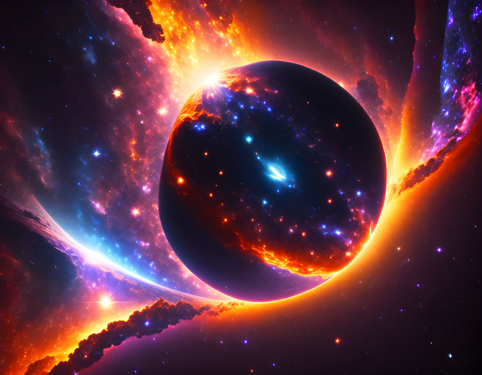 Dark planet eclipsing blazing star in cosmic scene