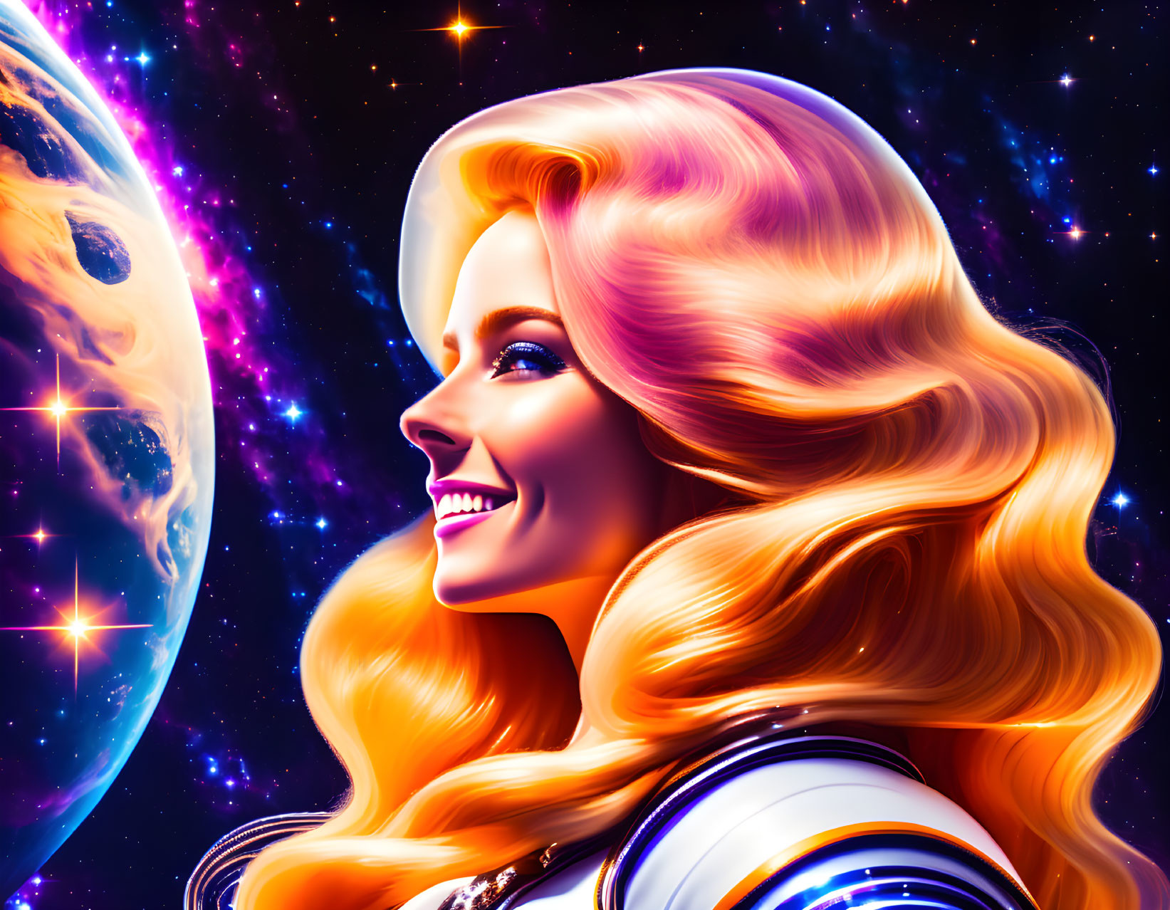 Smiling astronaut with flowing hair in cosmic scene
