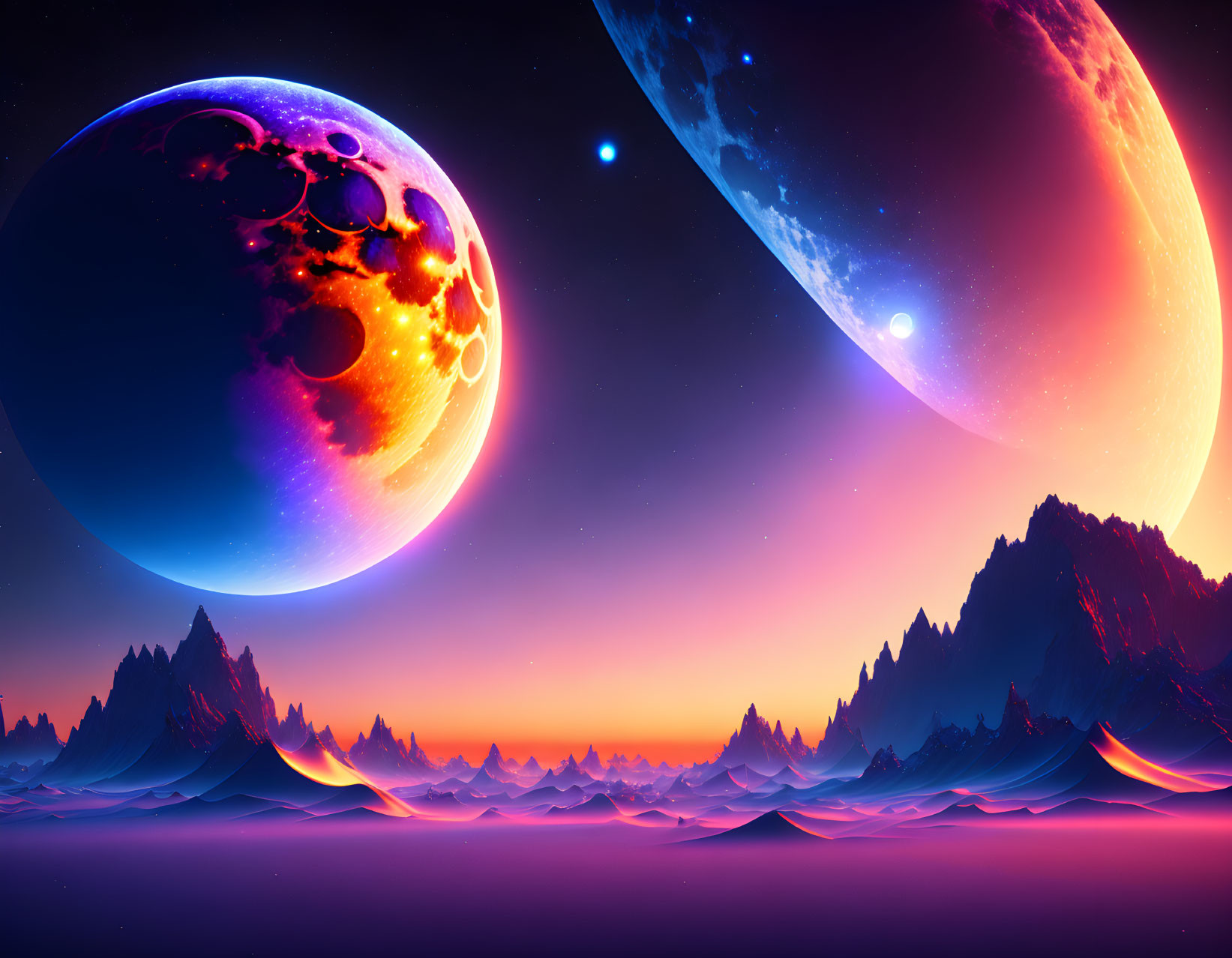 Vibrant sci-fi landscape with celestial bodies and alien terrain