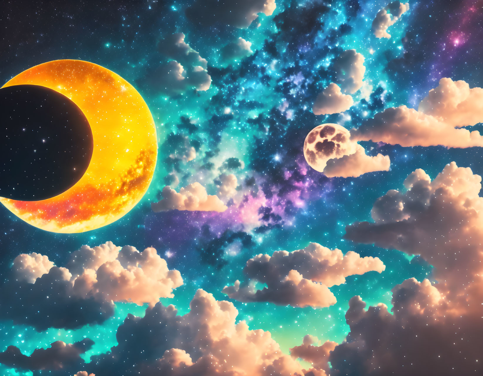 Colorful cosmic scene with crescent sun, full moon, and star-filled galaxy.