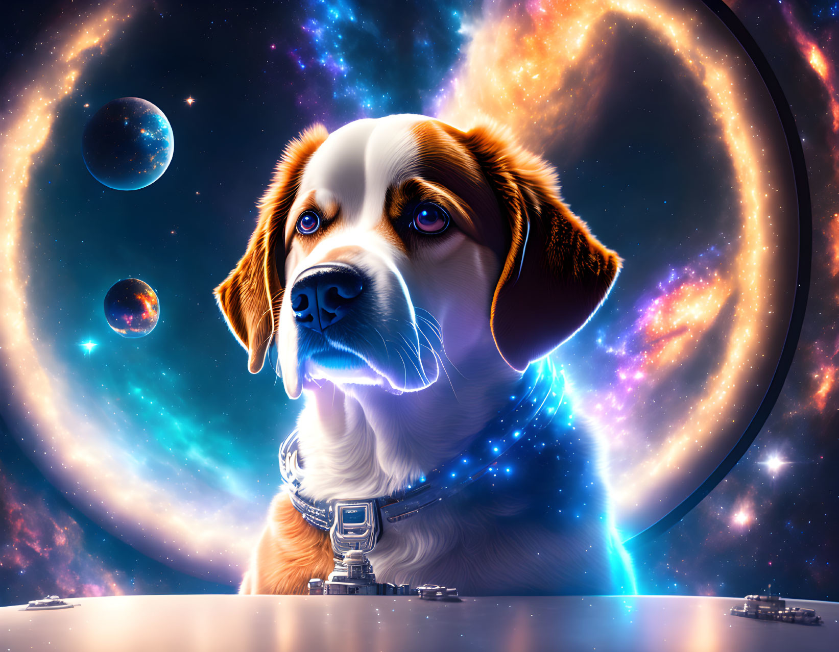 Whimsical dog artwork with futuristic collar on cosmic background