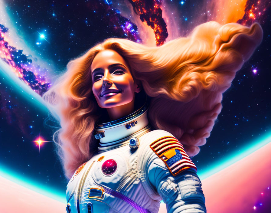 Colorful Stylized Illustration of Smiling Female Astronaut in Cosmic Setting