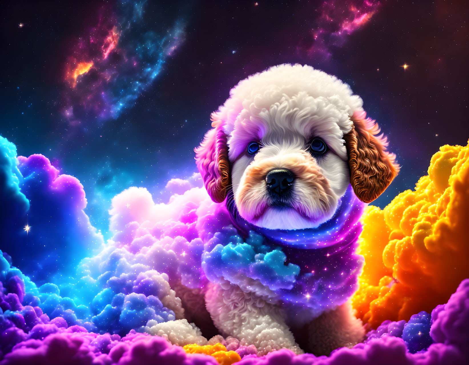 Fluffy Puppy Wearing Scarf in Colorful Cosmic Scene