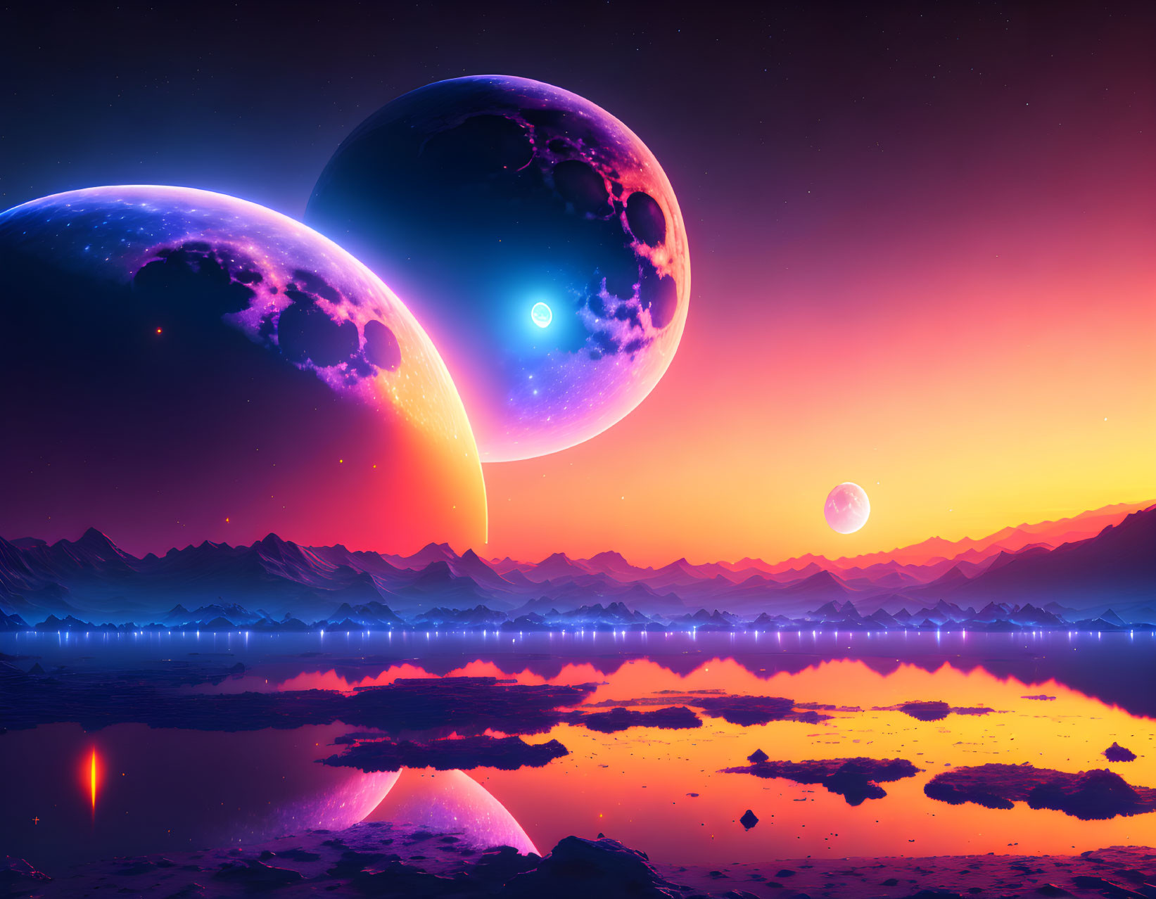 Surreal landscape with celestial bodies reflected in water