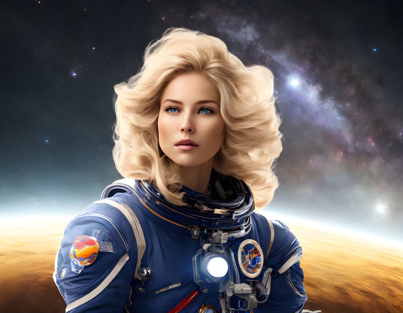 Blonde woman in astronaut suit against cosmic backdrop