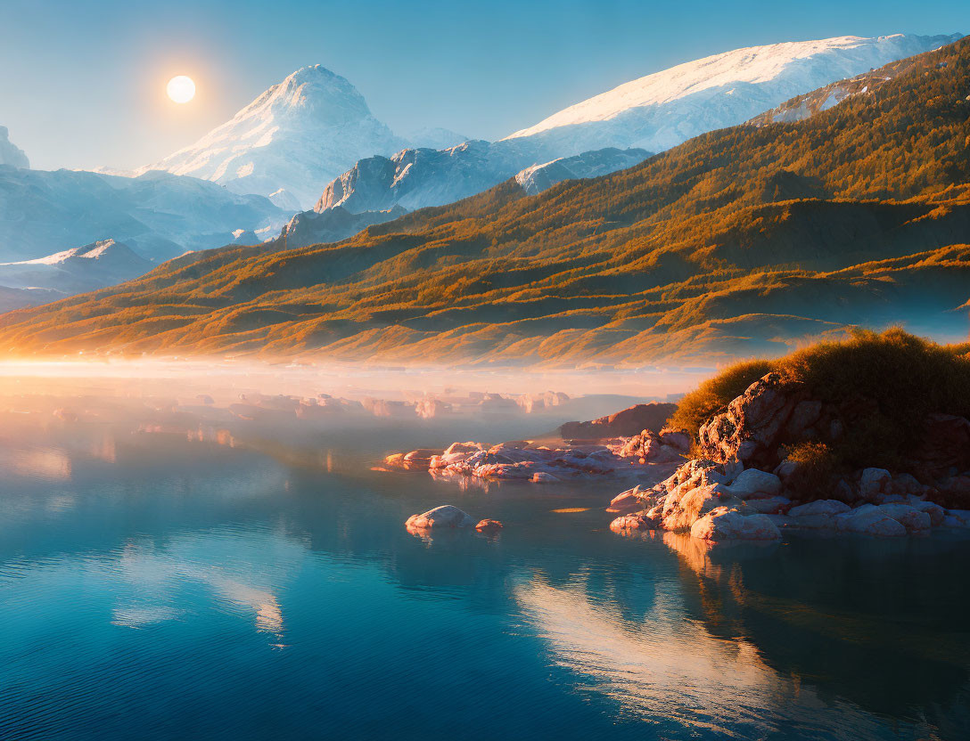 Serene lake at sunrise with mist, mountains, and rocky shore