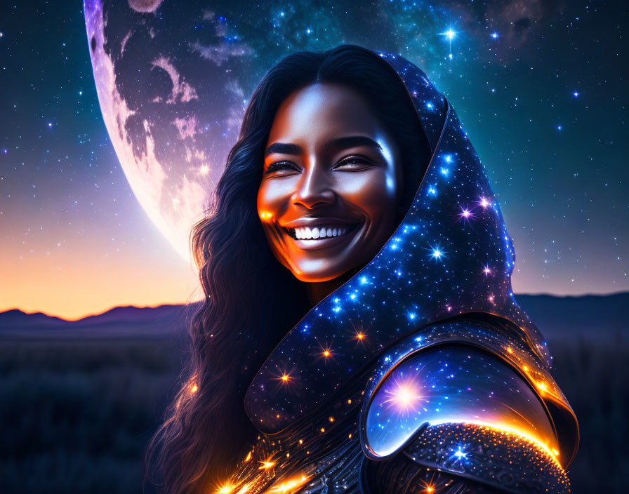 Galaxy-themed hoodie worn by smiling woman under crescent moon