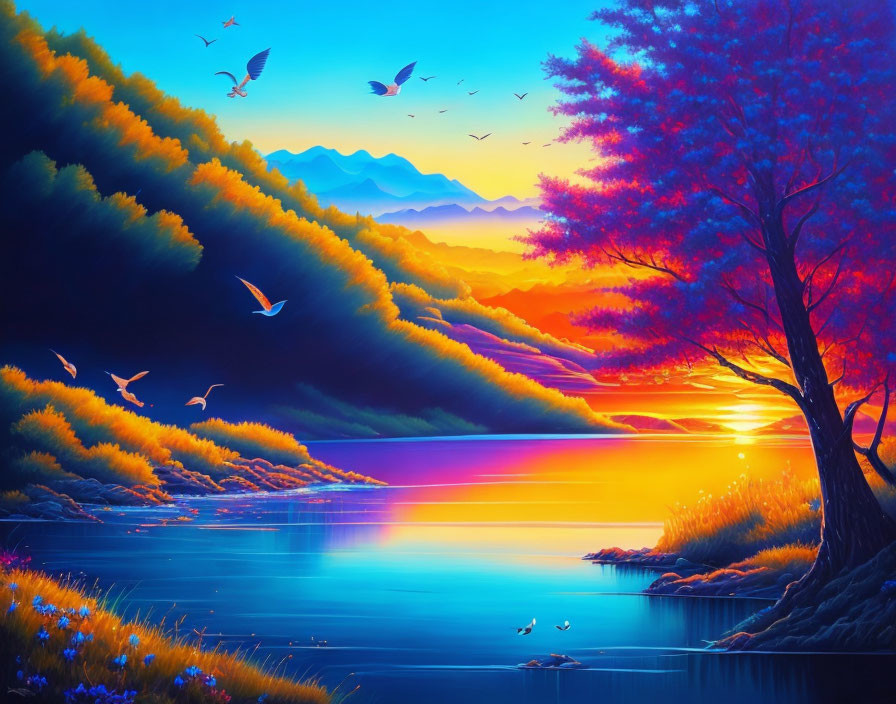 Colorful sunset landscape with lake, foliage, birds, and reflection.