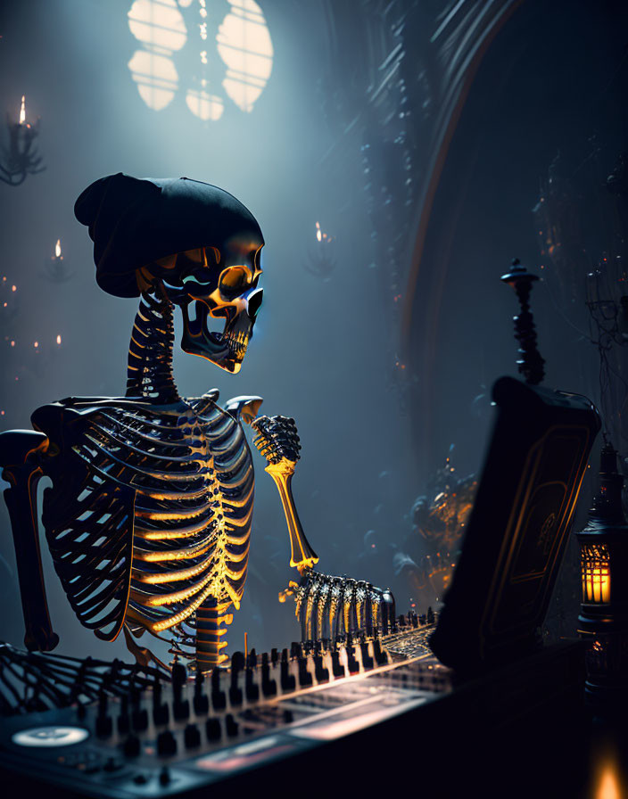 Skeleton DJ digital artwork with gold highlights in a gothic room