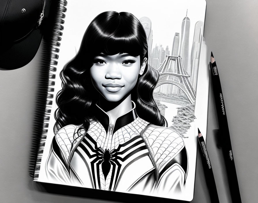 Monochromatic Woman in Spider-Man Costume on Sketchpad with Cityscape Background