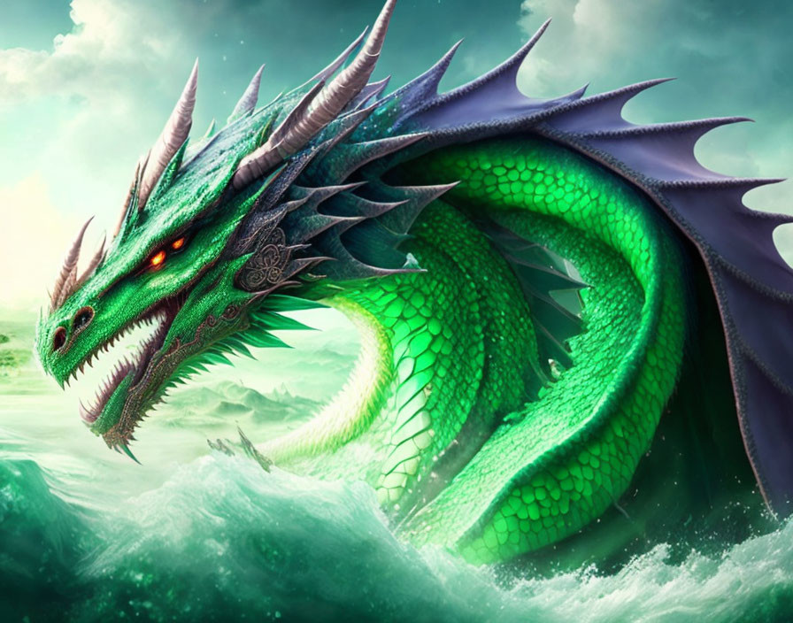 Green dragon with red eyes and silver horns emerges from the sea