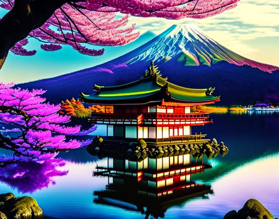 Traditional Japanese Pagoda by Lake with Mount Fuji and Cherry Blossoms