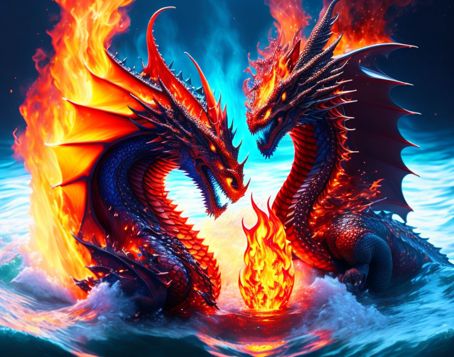 Vibrant dragons in fiery and watery combat with a fiery orb between them