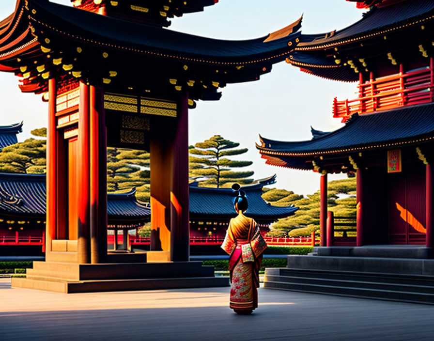 Traditional kimono-clad woman at red Japanese temple in sunset light