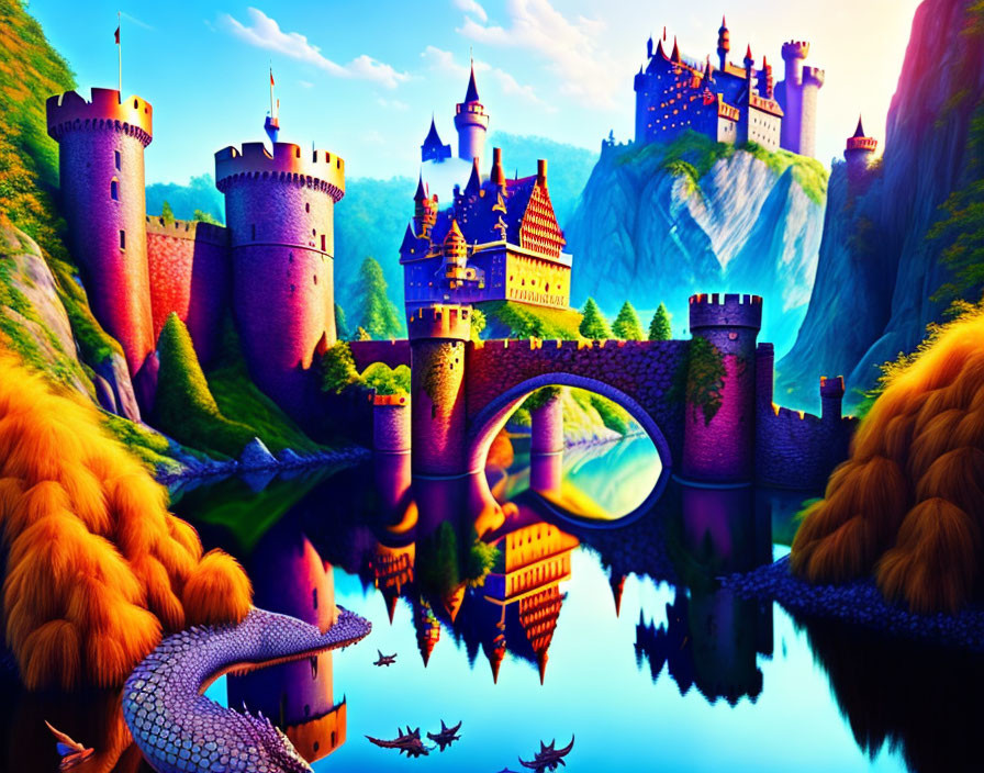 Fantasy castle with turrets, lush landscape, and dragon illustration