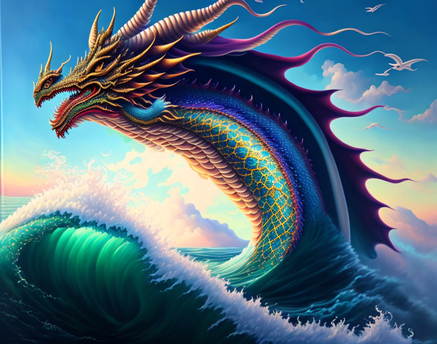 Iridescent dragon flying over turbulent sea with colorful sunset sky