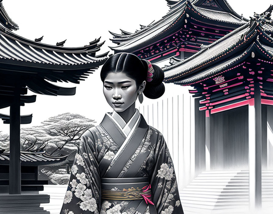 Monochrome illustration: Woman in Japanese attire with temples and cherry blossoms
