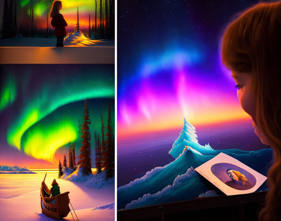Four images of person experiencing northern lights in snowy landscapes