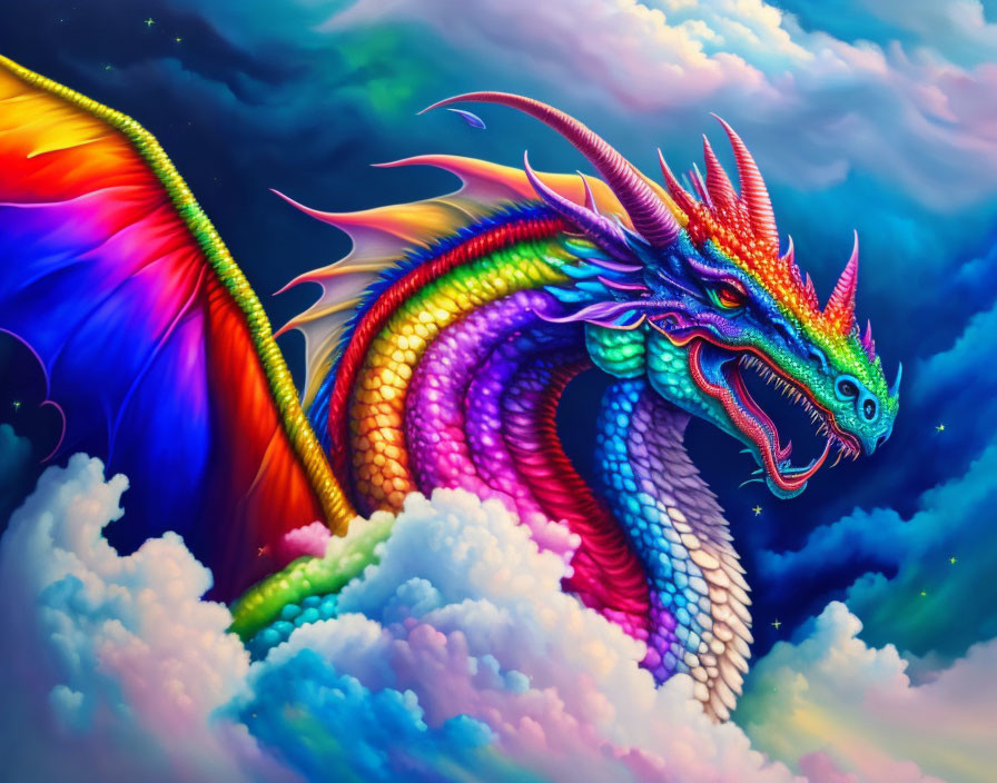 A rainbow dragon in the clouds