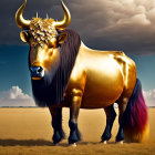 Digitally altered image of majestic bull with golden crown and person in traditional attire against dramatic sky