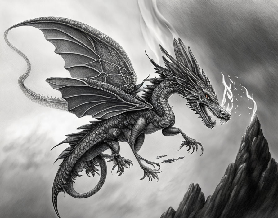 Monochrome dragon illustration in flight exhaling smoke over rocky terrain