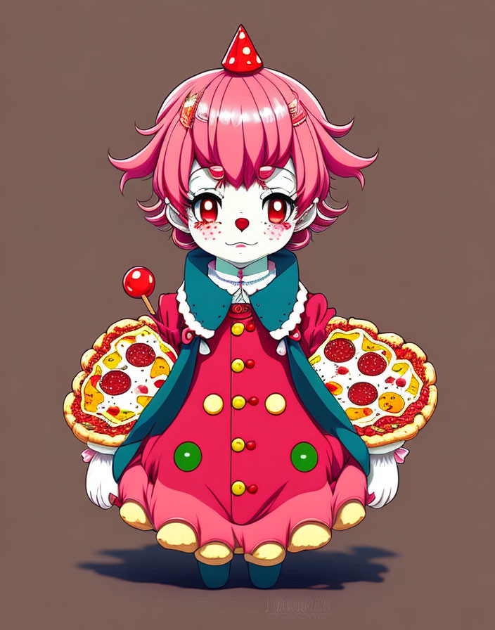 Pink-haired animated character in festive attire with pizza slice and lollipop
